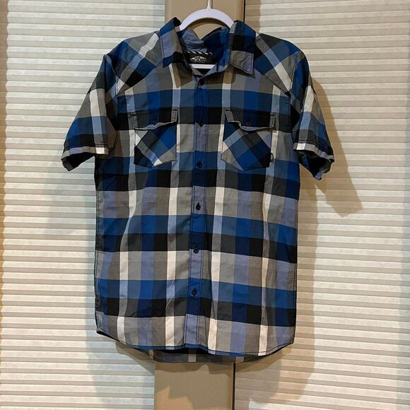 Vans Men's Medium Blue Plaid Shirt Short Sleeve Button Front - Picture 1 of 6